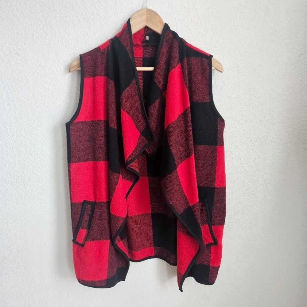 Womens Red Black Buffalo Plaid Waterfall Drape Open Front Vest XL